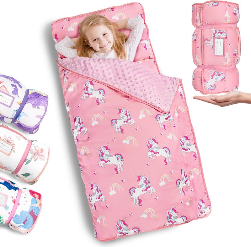 PRIMLECT Thickened Toddler Nap Mat with Removable Pillow and Minky Blanket, Extra Large 55''x35'' Sleeping Bag, Washable, Roll up, Perfect for Daycare, Preschool, Kindergarten, Boys and Girls Pink - Image 1